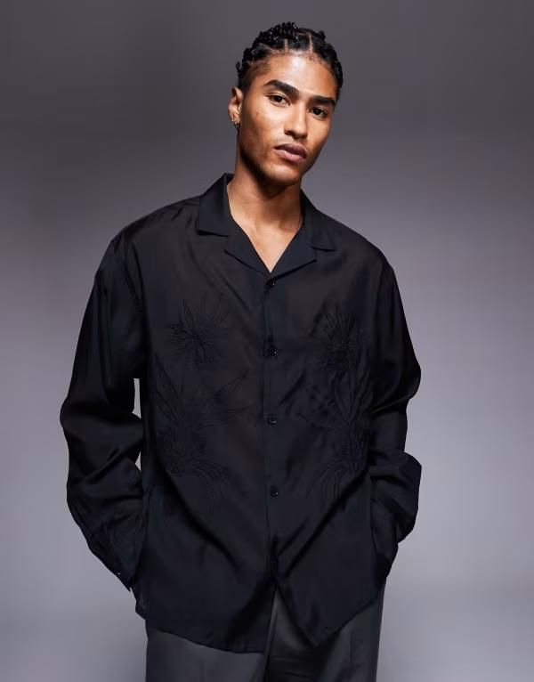エイソス メンズ トップス シャツ レース ASOS DESIGN oversized deep camp collar shirt with tonal placement embroidery B