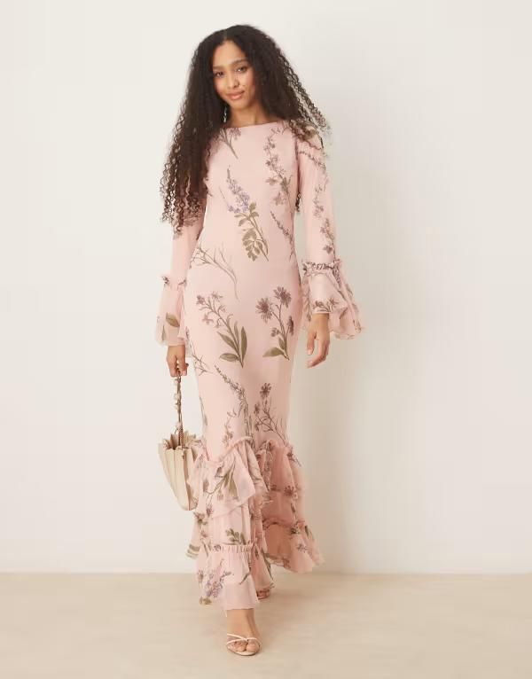 エイソス レディース トップス ワンピース ティアード シフォン マキシワンピース フラワー柄 プリント フリル マキシ フラワー ASOS DESIGN tiered ruffle long sle