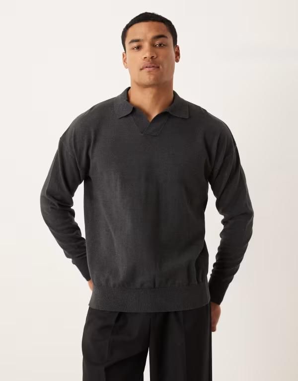 エイソス メンズ トップス ポロシャツ ニット ASOS DESIGN relaxed long sleeve knit notch neck polo in charcoal heather Cha