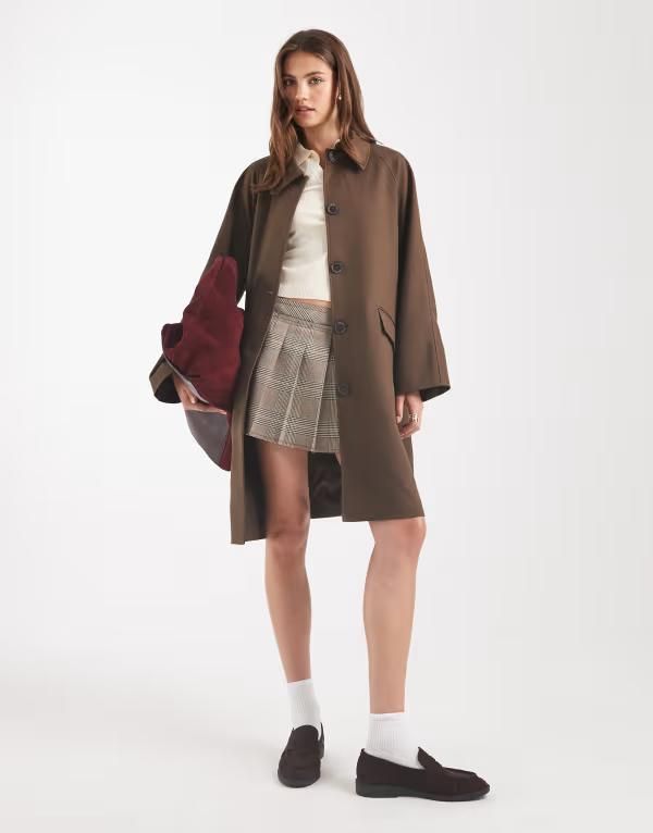 エイソス レディース アウター コート ASOS DESIGN mid length tailored car coat with stripe sleeve Khaki カーキ
