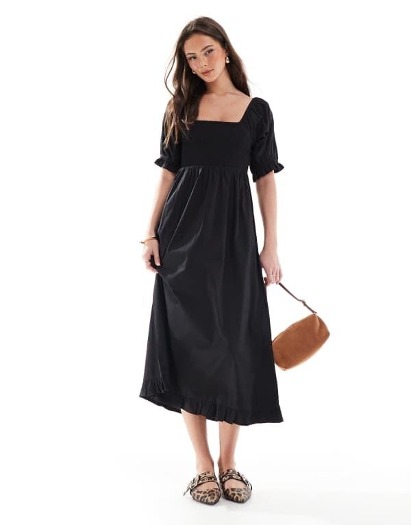 ウェンズデーガール レディース トップス ワンピース Wednesdays Girl shirred detail midaxi smock dress Black ブラック