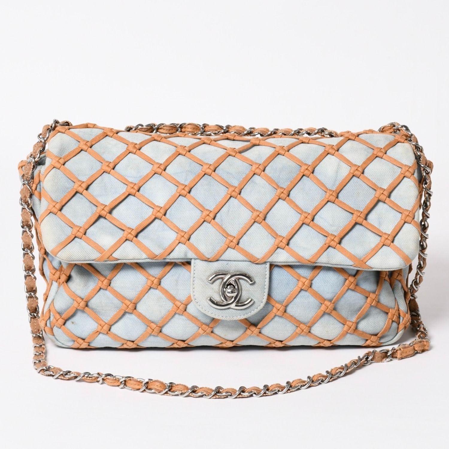 CHANEL シャネル デカマトラッセ30 Sフラップ Wチェーンショルダーバッグ 14番台 ココマーク デニム 編み込み ブルー 美品 中古 4a003841
