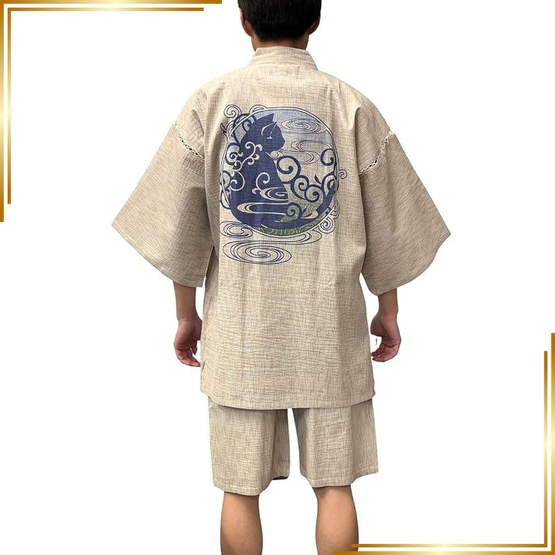 【新品】 [江戸てん] 甚平 メンズ しじら織 夏用 涼しい 和モダン調猫柄【猫モダン】 綿100％ 捺染プリント 唐草猫と流水カラー ベージュ L 0