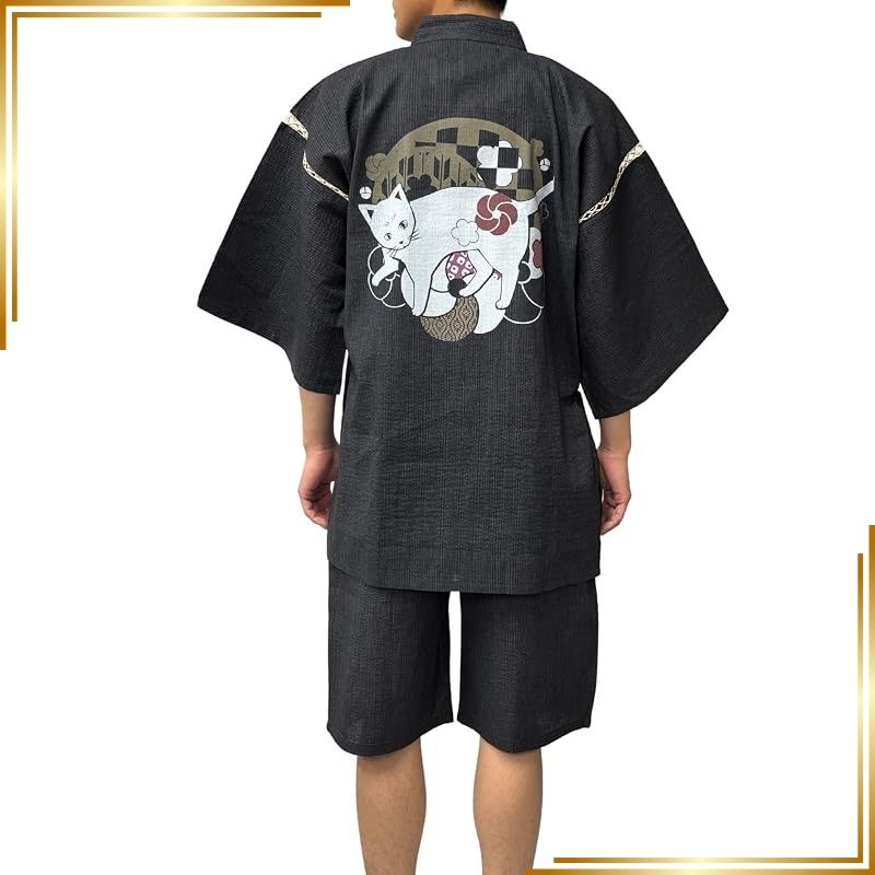 【新品】 [江戸てん] 甚平 メンズ 綿100％ しじら織 花と猫デザイン【ねこ華文】 和柄プリント 夏甚平 涼しい 猫とねじ梅 グレー M 1