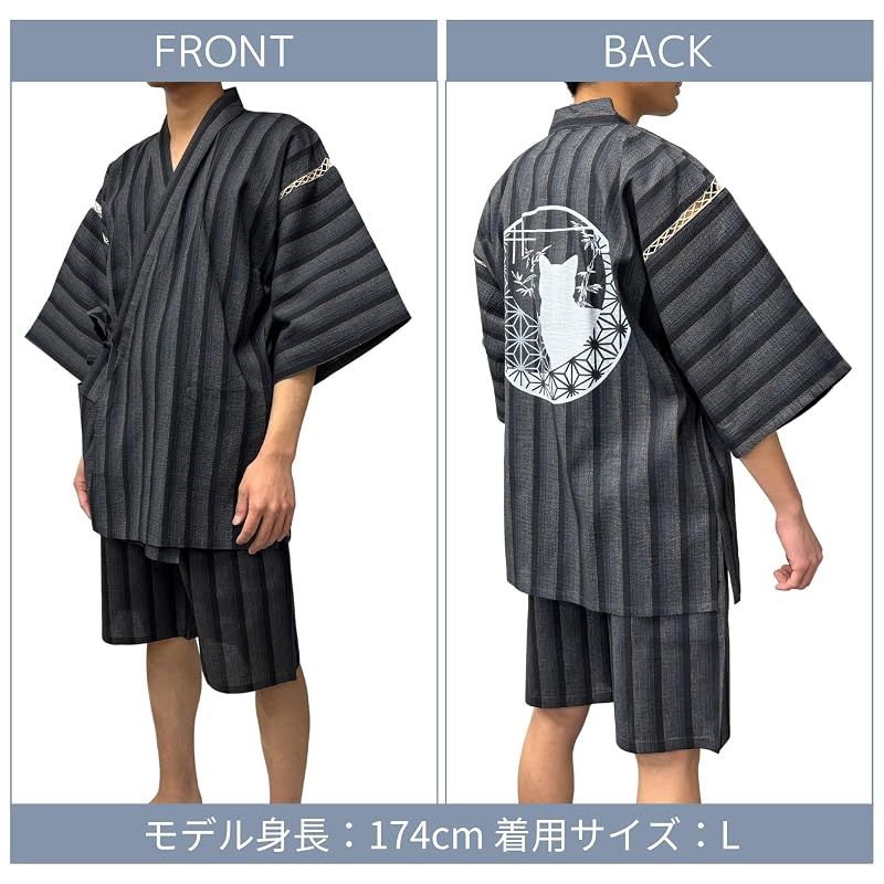 【新品】 [江戸てん] 甚平 しじら織 綿100％ メンズ【遊趣猫景】 和風情景の猫柄 捺染プリント 夏甚平 涼感 丸窓の猫 グレーストライプ M 0