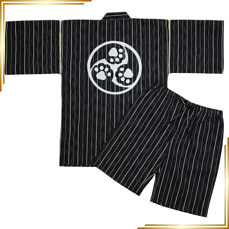 【新品】 [江戸てん] 甚平 しじら織りメンズ 和柄プリント 猫と和古典モチーフ【和猫縁起堂】 綿100％ 涼しい 夏用 猫の手三つ巴 黒ストライプ M 0