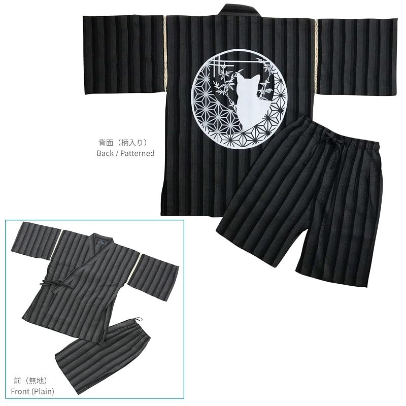 【新品】 [江戸てん] 甚平 しじら織 綿100％ メンズ【遊趣猫景】 和風情景の猫柄 捺染プリント 夏甚平 涼感 丸窓の猫 グレーストライプ M 0