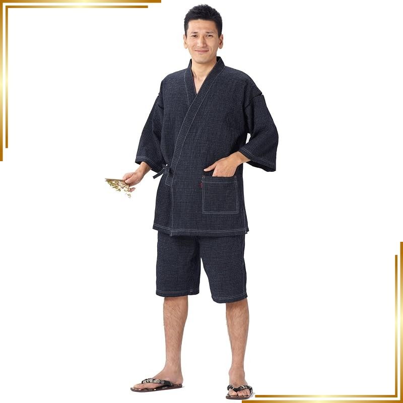 【新品】 綿の郷(ワタノサト) 久留米ちぢみ織文人柄甚平 品質本位 日本製 サイズ S/M/L/LL/3L (M, navy) 1