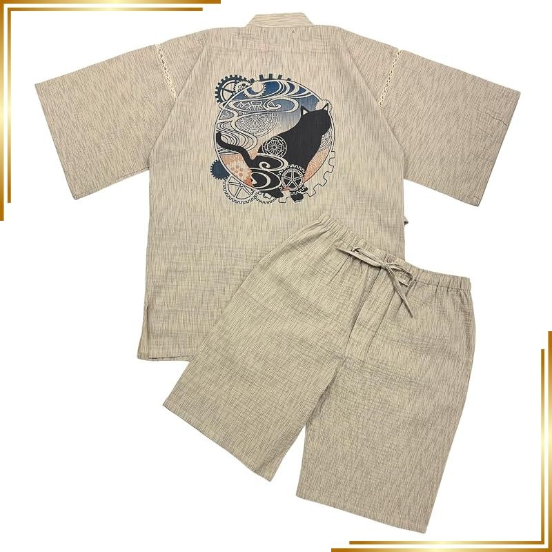 【新品】 [江戸てん] 甚平 メンズ しじら織 夏用 涼しい 和モダン調猫柄【猫モダン】 綿100％ 捺染プリント 猫と波歯車カラー ベージュ L 0