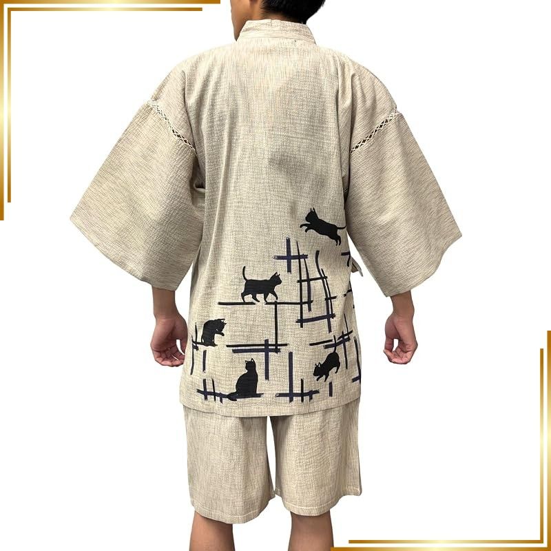 【新品】 [江戸てん] 甚平 しじら織りメンズ 和柄プリント 猫と和古典モチーフ【和猫縁起堂】 綿100％ 涼しい 夏用 腰にやぶれ格子と猫カラー ベージュ M 0