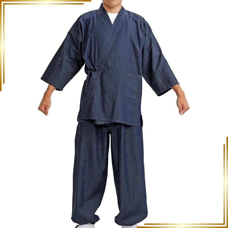 【新品】 [江戸てん] 作務衣 デニム メンズ 4.5オンス薄手デニム生地 （綿100％） 先染生地の柔らかさ さむえ紺 4L 0