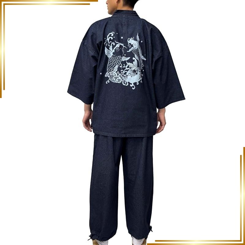 【新品】 [江戸てん] 作務衣 デニム生地 （綿100％） しっかりしているのに柔らかい さむえ 柄入り 通年 メンズ 昇鯉（しょうり） 紺 LL 0