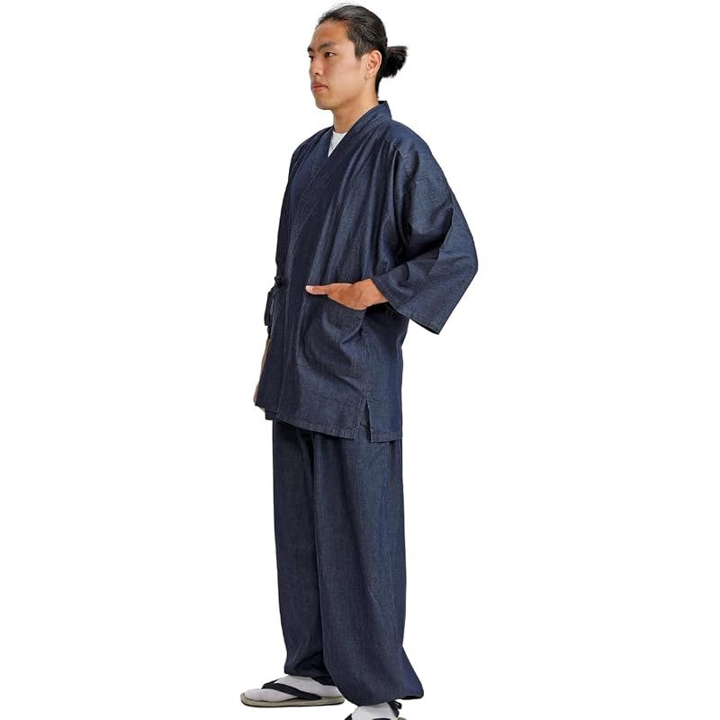 【新品】 [江戸てん] 作務衣 デニム メンズ 4.5オンス薄手デニム生地 （綿100％） 先染生地の柔らかさ さむえ紺 4L 0