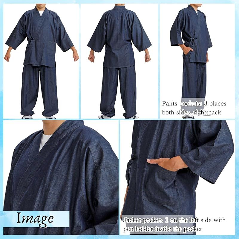 【新品】 [江戸てん] 作務衣 デニム メンズ 4.5オンス薄手デニム生地 （綿100％） 先染生地の柔らかさ さむえ紺 4L 0