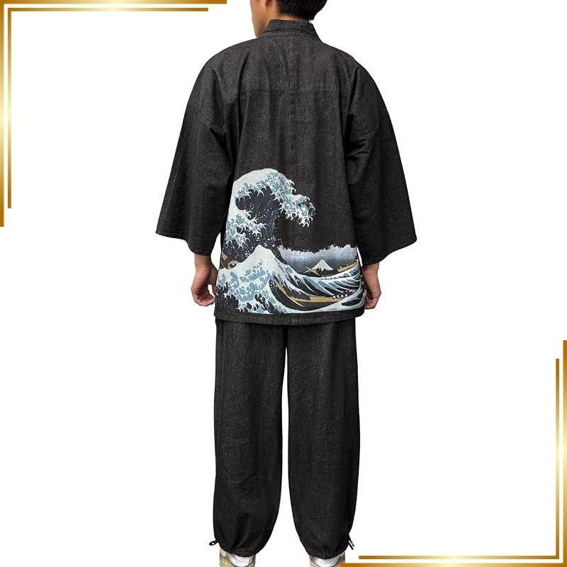 【新品】 [江戸てん] デニム作務衣 さむえ メンズ 北斎 富嶽三十六景 和柄 作務衣 上下セット M?5L 大きいサイズ 綿100％ 通年 腰に波 神奈川沖浪裏 黒 LL 0