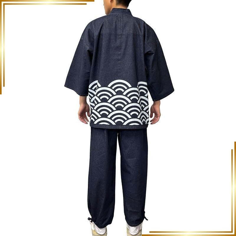 【新品】 [江戸てん] デニム作務衣 さむえ メンズ 和柄 腰柄 江戸文様 伝統文様 作務衣 上下セット 部屋着 M?5L 大きいサイズ 綿100％ 通年 青海波 紺 M 0