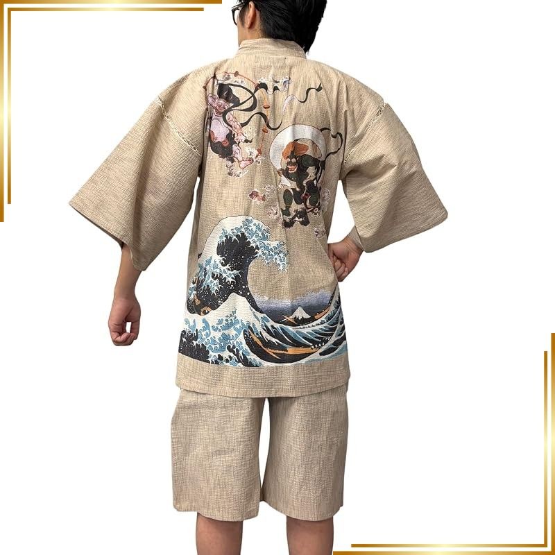 【新品】 [江戸てん] 甚平 メンズ しじら織り 綿100％ 勇神図モチーフ 【乾坤威神図】 涼しい 夏 捺染プリントオリジナル柄 メンズ 風神雷神波カラー 生成り L 1