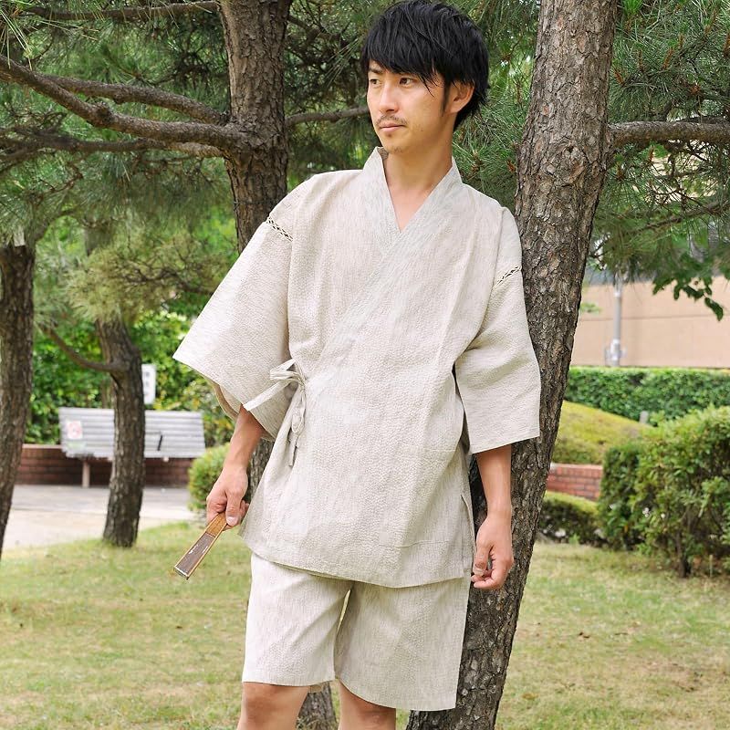 【新品】 [江戸てん] 甚平 メンズ しじら織り 綿100％ 勇神図モチーフ 【乾坤威神図】 涼しい 夏 捺染プリントオリジナル柄 メンズ 風神雷神波カラー 生成り L 1