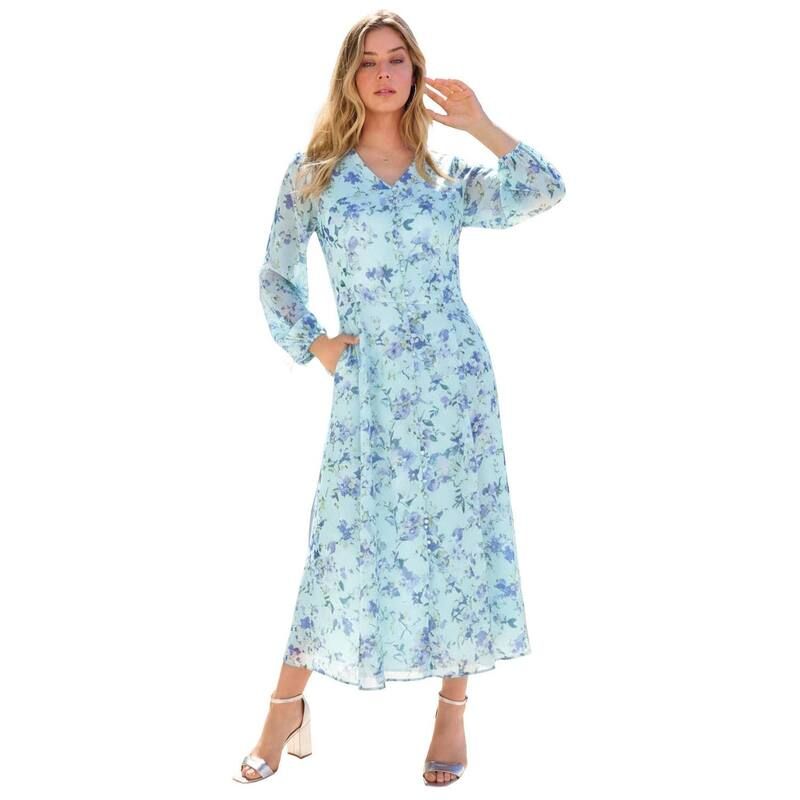 ロアマンズ レディース トップス ワンピース プラスサイズ マキシ Roamans Womens Plusize Boho Maxi Dress Cloud Blue Watercolor ブルー