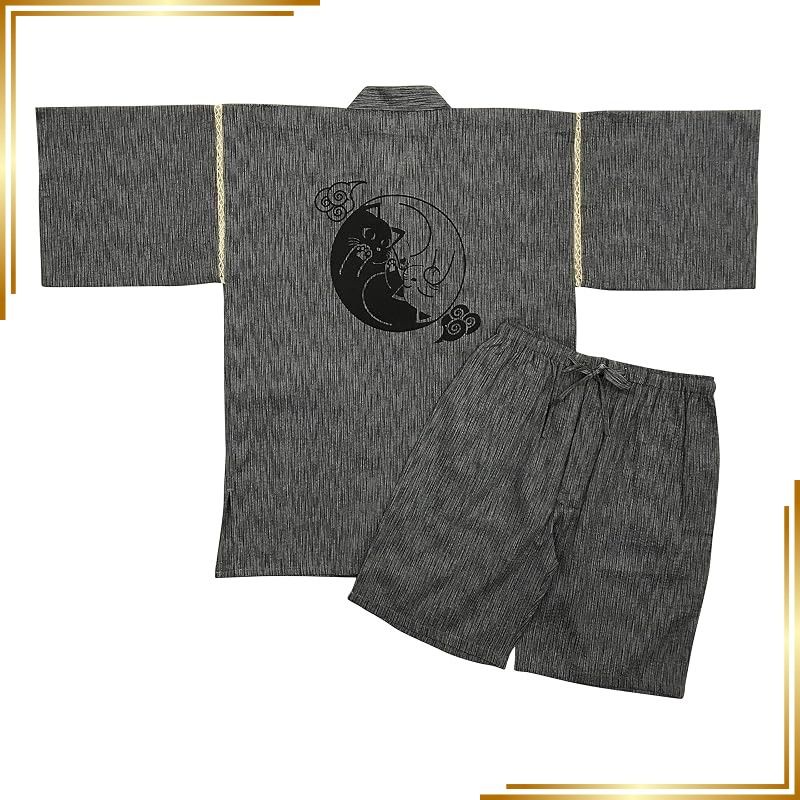 【新品】 [江戸てん] 甚平 しじら織りメンズ 和柄プリント 猫と和古典モチーフ【和猫縁起堂】 綿100％ 涼しい 夏用 巴猫（黒一色） ライトグレー M 1