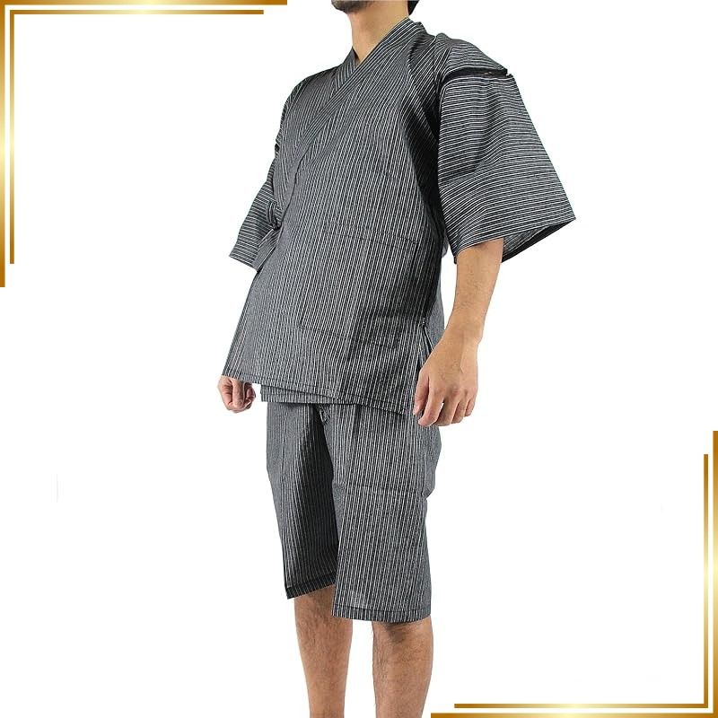 【新品】 [江戸てん] しじら織り甚平 糸・縫製・染色全て日本製 メンズ 子持縞黒5006BK M 1