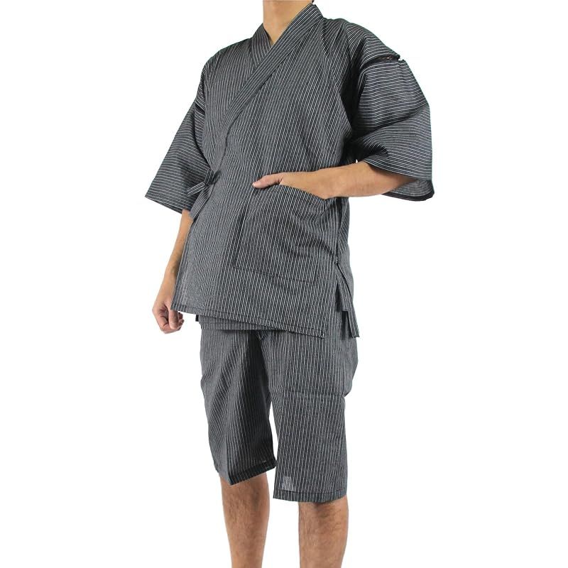 【新品】 [江戸てん] しじら織り甚平 糸・縫製・染色全て日本製 メンズ 子持縞黒5006BK M 1