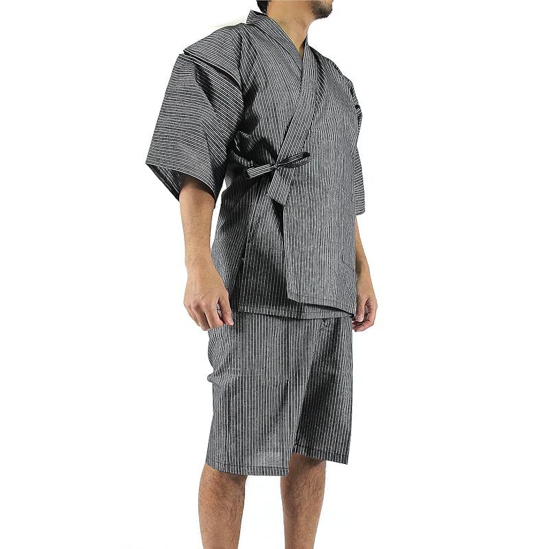 【新品】 [江戸てん] しじら織り甚平 糸・縫製・染色全て日本製 メンズ 子持縞黒5006BK M 1