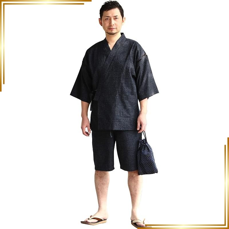 【新品】 綿の郷(ワタノサト) 久留米ちぢみ織甚平 全行程 日本製 サイズ S/M/L/LL/3L 父の日 プレゼント 実用的 ファッション おしゃれ 服 (文人柄・紺色, L) 0