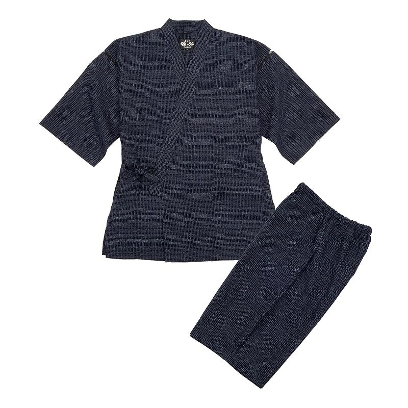 【新品】 綿の郷(ワタノサト) 久留米ちぢみ織甚平 全行程 日本製 サイズ S/M/L/LL/3L 父の日 プレゼント 実用的 ファッション おしゃれ 服 (文人柄・紺色, L) 0