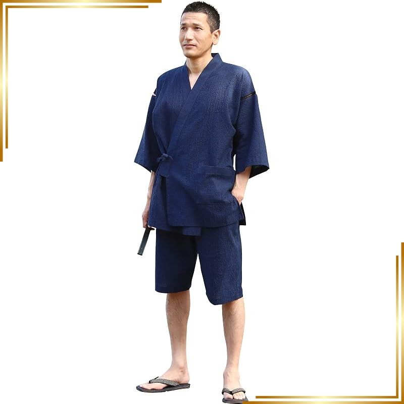 【新品】 綿の郷(ワタノサト) 久留米ちぢみ織甚平 全行程 日本製 サイズ S/M/L/LL/3L 父の日 プレゼント 実用的 ファッション おしゃれ 服 (花紺青, L) 0