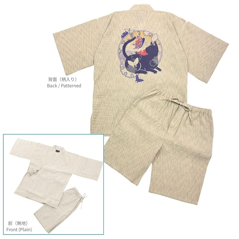 【新品】 [江戸てん] 甚平 メンズ 綿100％ しじら織 花と猫デザイン【ねこ華文】 和柄プリント 夏甚平 涼しい 猫と蝶牡丹カラー ベージュ L 0