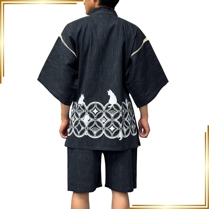 【新品】 [江戸てん] 甚平 しじら織りメンズ 和柄プリント 猫と和古典モチーフ【和猫縁起堂】 綿100％ 涼しい 夏用 腰に七宝猫 黒 M 0