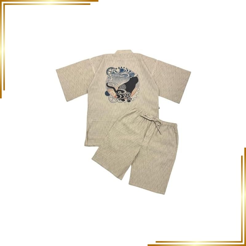 【新品】 [江戸てん] 甚平 メンズ しじら織 夏用 涼しい 和モダン調猫柄【猫モダン】 綿100％ 捺染プリント 猫と波歯車カラー ベージュ LL 0