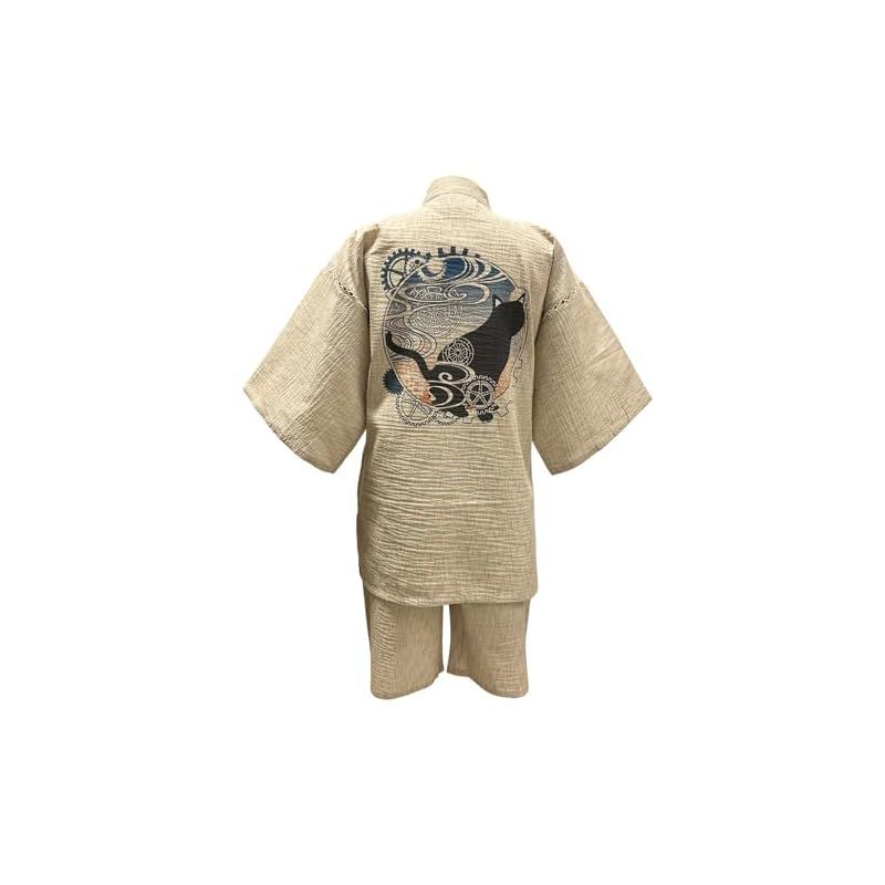 【新品】 [江戸てん] 甚平 メンズ しじら織 夏用 涼しい 和モダン調猫柄【猫モダン】 綿100％ 捺染プリント 猫と波歯車カラー ベージュ LL 0