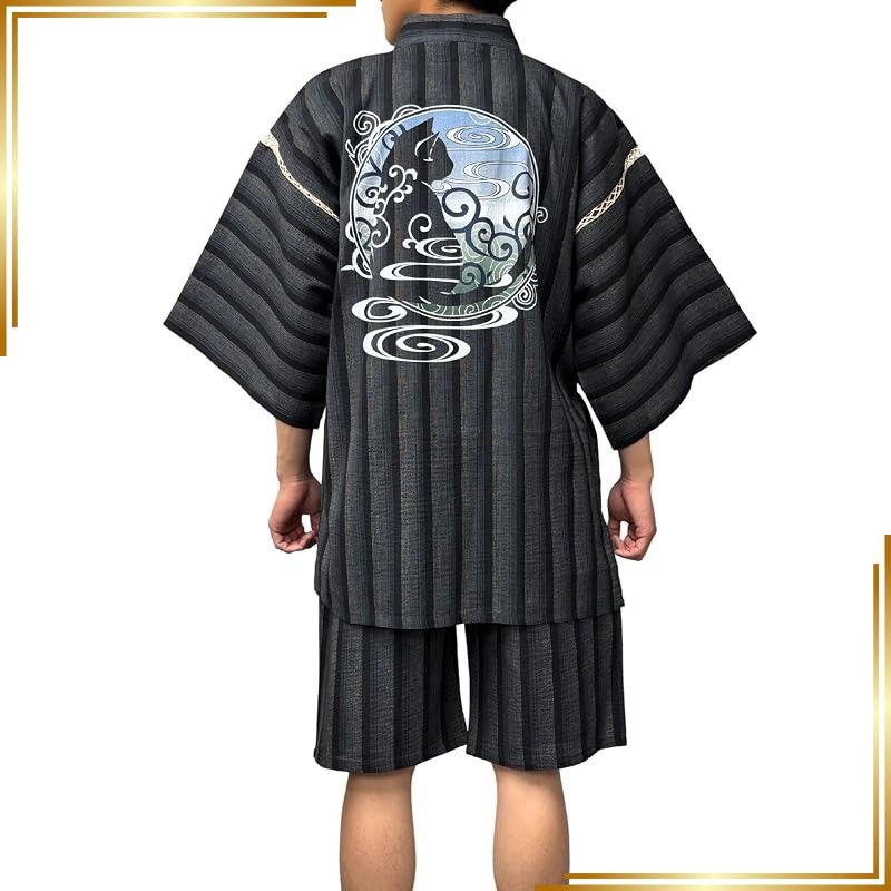 【新品】 [江戸てん] 甚平 メンズ しじら織 夏用 涼しい 和モダン調猫柄【猫モダン】 綿100％ 捺染プリント 唐草猫と流水カラー グレーストライプ L 0