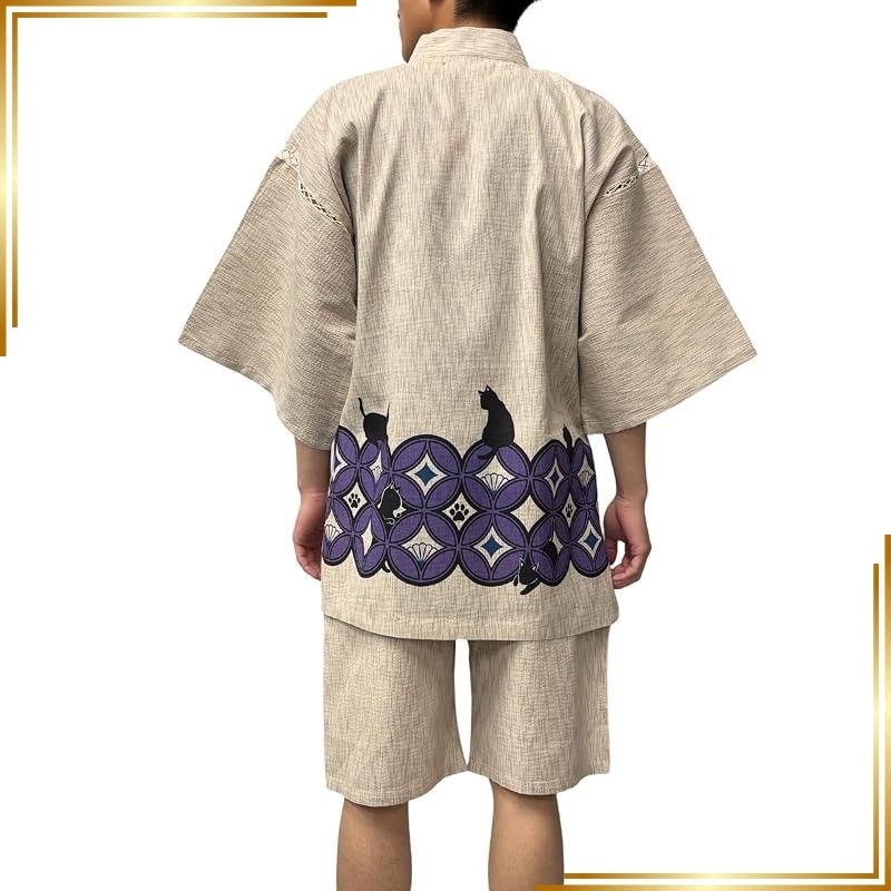 【新品】 [江戸てん] 甚平 しじら織りメンズ 和柄プリント 猫と和古典モチーフ【和猫縁起堂】 綿100％ 涼しい 夏用 腰に七宝猫カラー ベージュ L 0