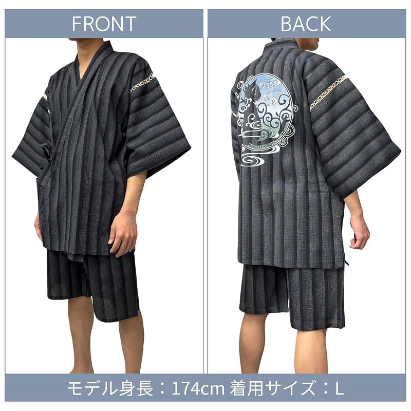 【新品】 [江戸てん] 甚平 メンズ しじら織 夏用 涼しい 和モダン調猫柄【猫モダン】 綿100％ 捺染プリント 唐草猫と流水カラー グレーストライプ L 0