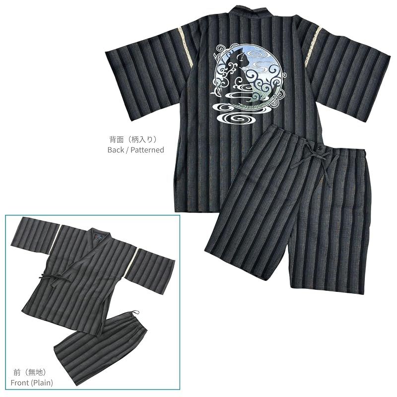【新品】 [江戸てん] 甚平 メンズ しじら織 夏用 涼しい 和モダン調猫柄【猫モダン】 綿100％ 捺染プリント 唐草猫と流水カラー グレーストライプ L 0