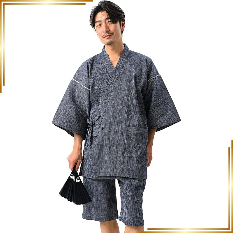 【新品】 [nicolyfam] 甚平 日本製 高島ちぢみ 上下セット 綿100【高級甚平】 大人甚平 メンズ 夏 プレゼント ギフト 寝巻 ワンマイルウェア (ネイビー, L) 0