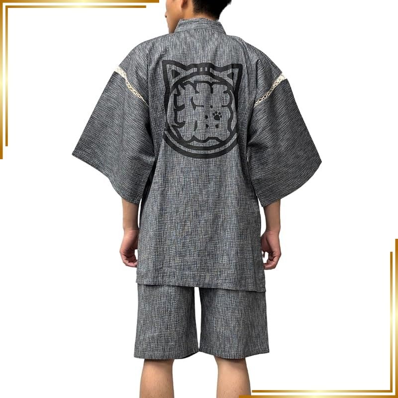 【新品】 [江戸てん] 甚平 しじら織りメンズ 和柄プリント 猫と和古典モチーフ【和猫縁起堂】綿100％ 涼しい 夏用 江戸文字猫（黒一色） ライトグレー 3L 0