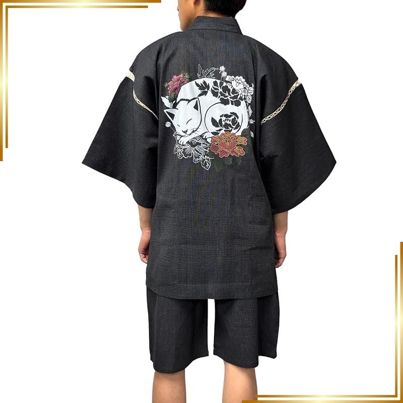 【新品】 [江戸てん] 甚平 メンズ 綿100％ しじら織 花と猫デザイン【ねこ華文】 和柄プリント 夏甚平 涼しい 眠り猫と牡丹 グレー M 1