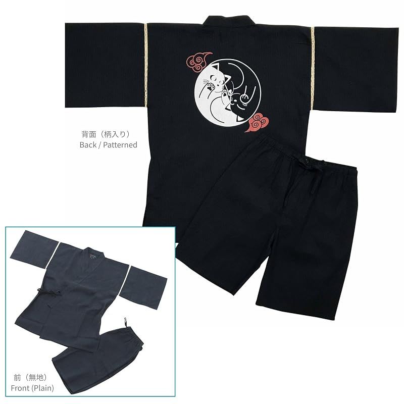 【新品】 [江戸てん] 甚平 しじら織りメンズ 和柄プリント 猫と和古典モチーフ【和猫縁起堂】 綿100％ 涼しい 夏用 巴猫 紺 L 1
