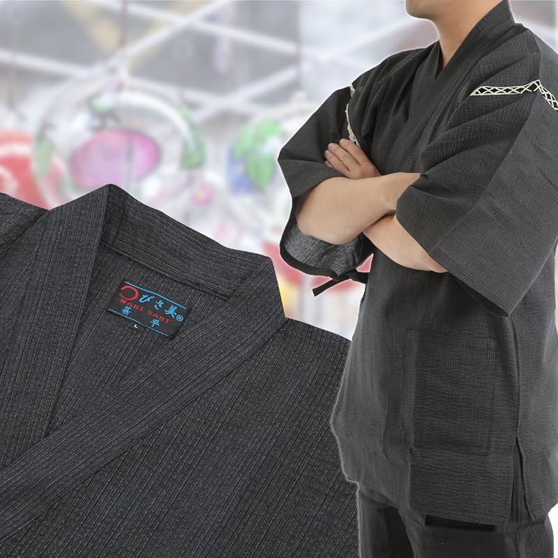 【新品】 [江戸てん] 甚平 しじら織りメンズ 和柄プリント 猫と和古典モチーフ【和猫縁起堂】 綿100％ 涼しい 夏用 腰に七宝猫 グレー 5L 0
