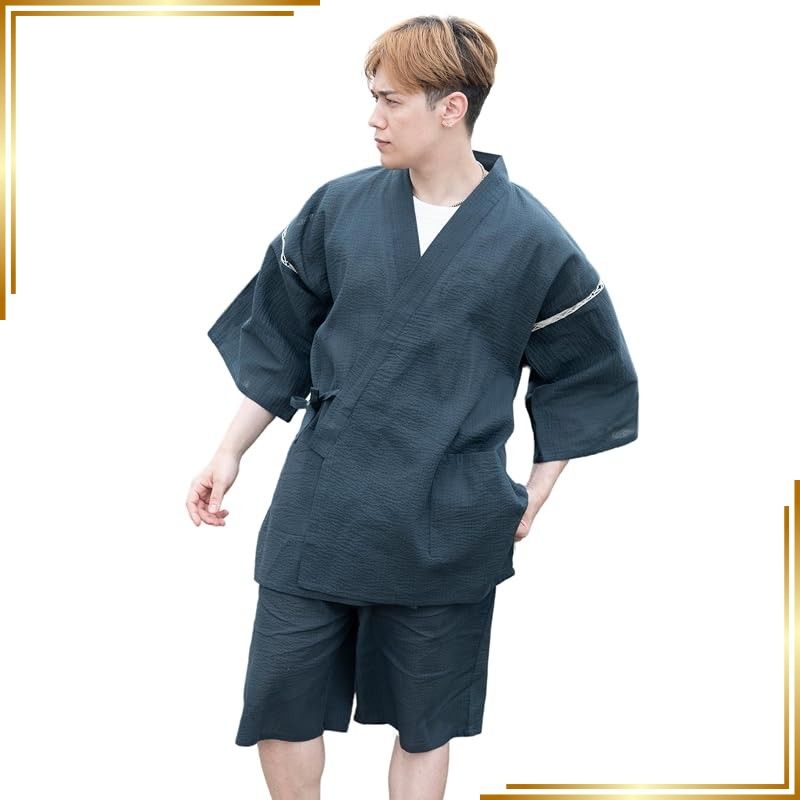 【新品】 [江戸てん] しじら織り甚平 綿100％ 涼しい着心地 和服 夏服 メンズ 大きいサイズ M/L/LL/3L/4L/5L リラックスウェア お祭り 父の日 紺705 M 1