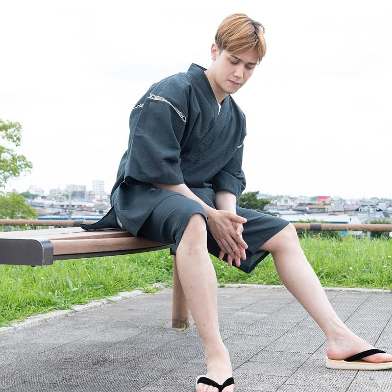 【新品】 [江戸てん] しじら織り甚平 綿100％ 涼しい着心地 和服 夏服 メンズ 大きいサイズ M/L/LL/3L/4L/5L リラックスウェア お祭り 父の日 紺705 M 1