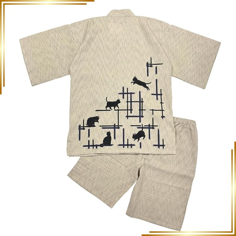 【新品】 [江戸てん] 甚平 しじら織りメンズ 和柄プリント 猫と和古典モチーフ【和猫縁起堂】 綿100％ 涼しい 夏用 腰にやぶれ格子と猫カラー ベージュ LL 0