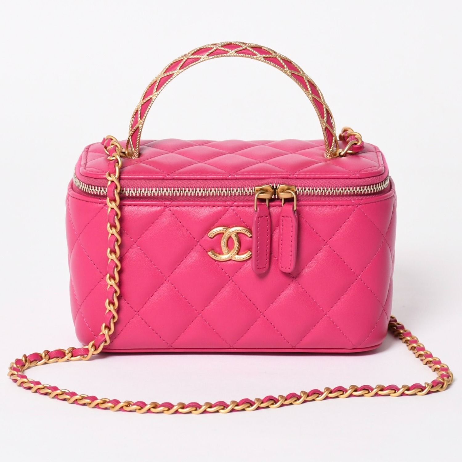 極美品 CHANEL シャネル バニティ チェーンショルダーバッグ AP1341 ランダム番台 ココマーク ラムスキン ピンク ゴールド金具 中古 4a003842