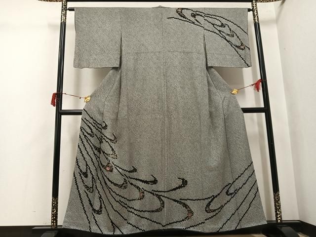 平和屋着物●訪問着　駒刺繍　総絞り　草花文　黒地　金彩　正絹　逸品　AABI8581ph