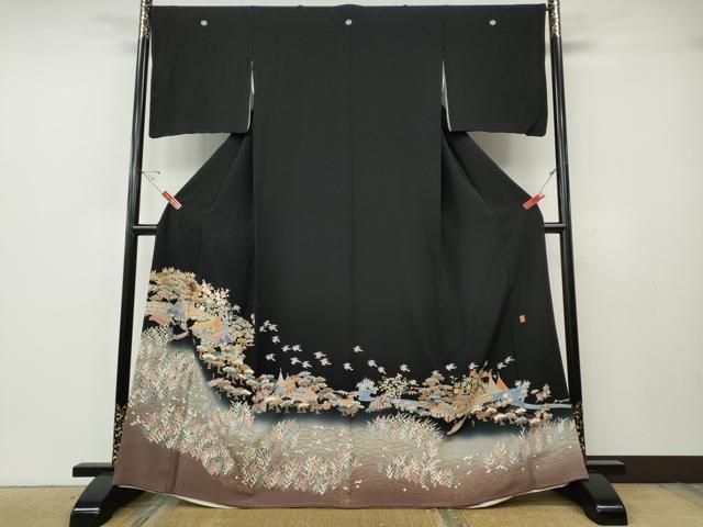 平和屋着物●本加賀友禅作家 宮本則子 黒留袖 風景飛鳥花文 正絹 逸品 CABG5548ut