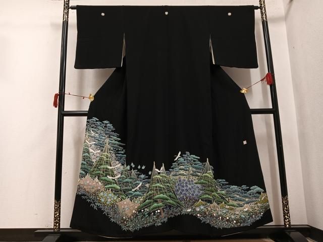 平和屋着物●本加賀友禅作家　毎田健治　黒留袖　松竹梅飛鶴文　正絹　逸品　AABI8590ph